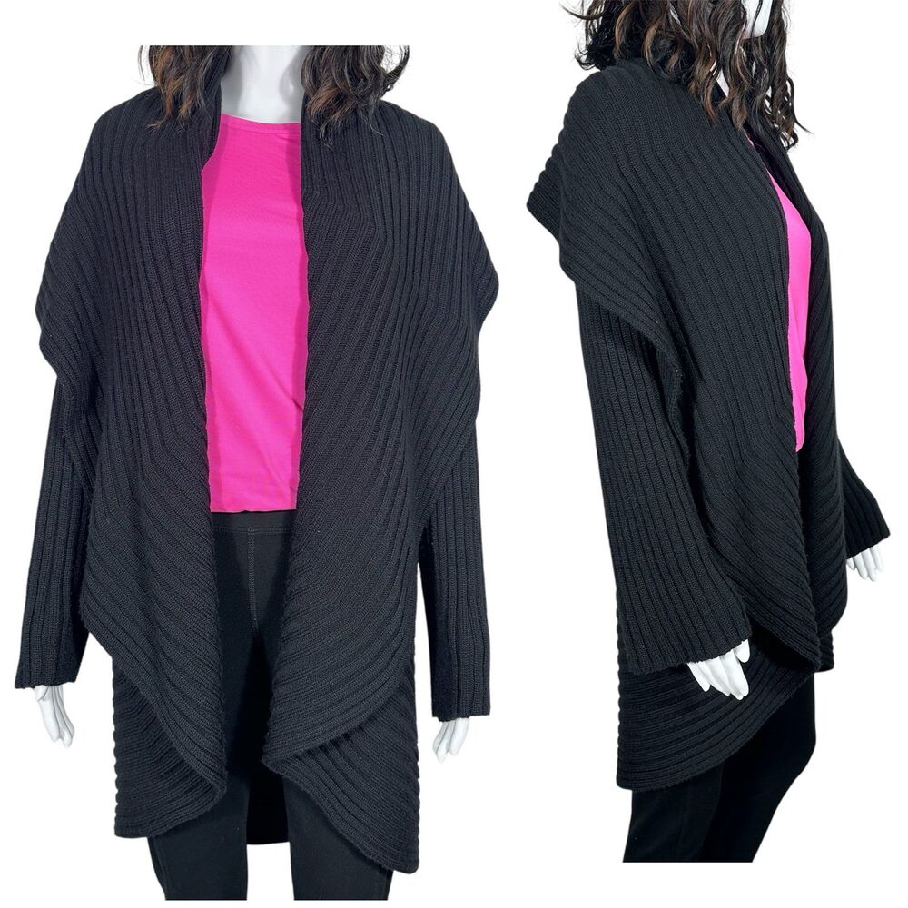 Angel II Womens Sz L Open Cardigan Black Ribbed Wool Blend Italian Yarn Sweater